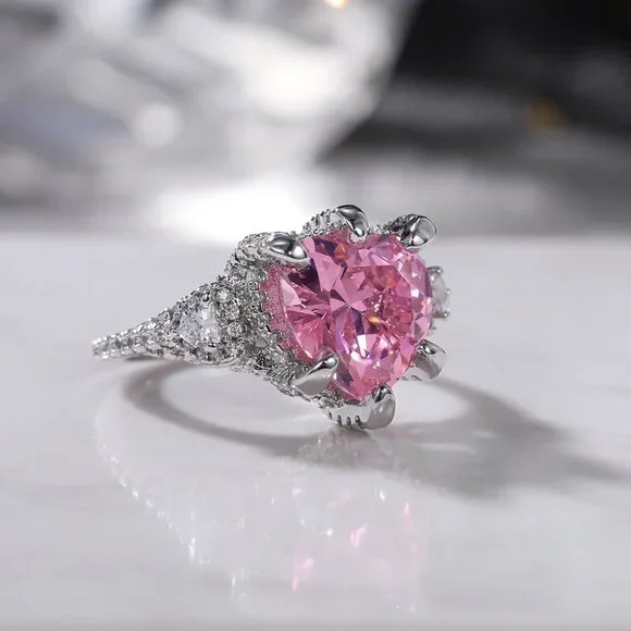 ▶Pink Heart CZ Anillos Shiny Diamonds Silver Plated Heart Ring for Women, L117
